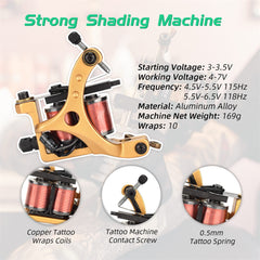 ATOMUS Tattoo Coil Machine Gun 10 Wraps Coil Liner Shader Aluminium Alloy Frame for Tattoo Beginners Starters