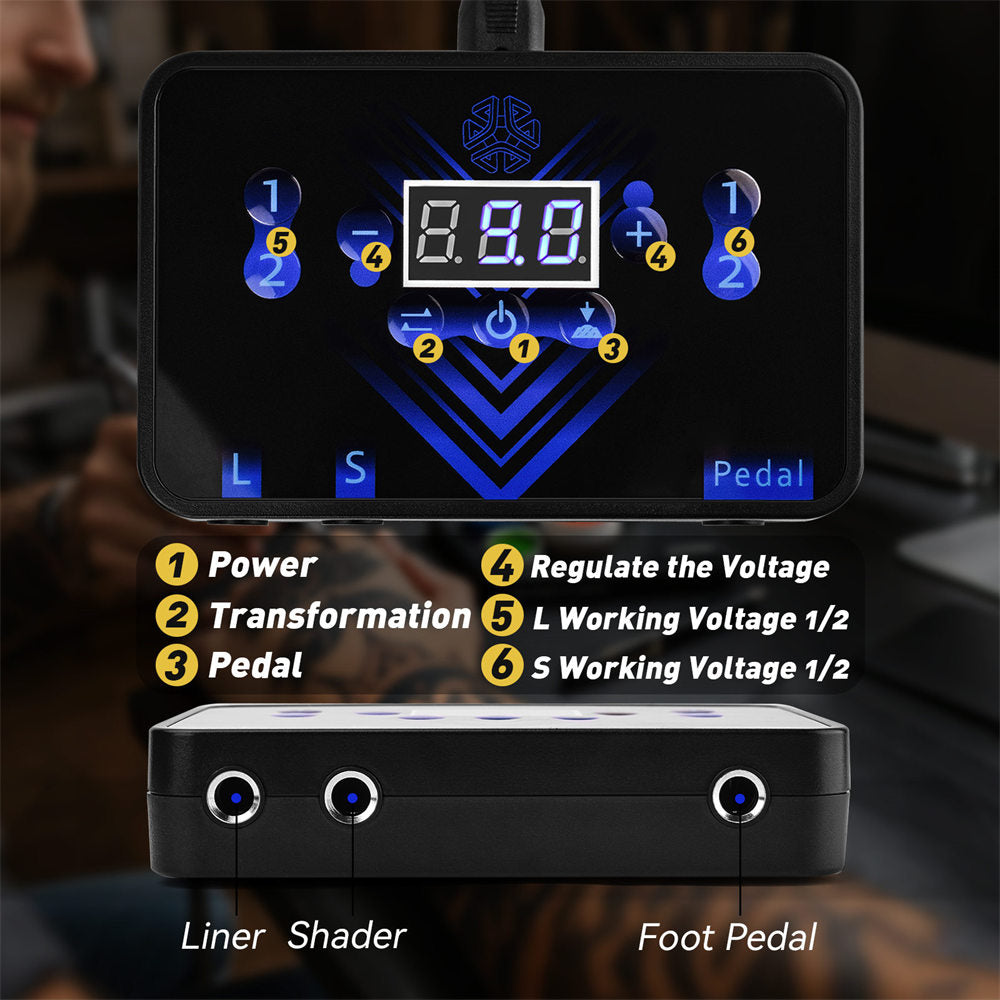 ATOMUS Tattoo Power Supply Colorful LED Foot Pedal 2 Clip Cord
