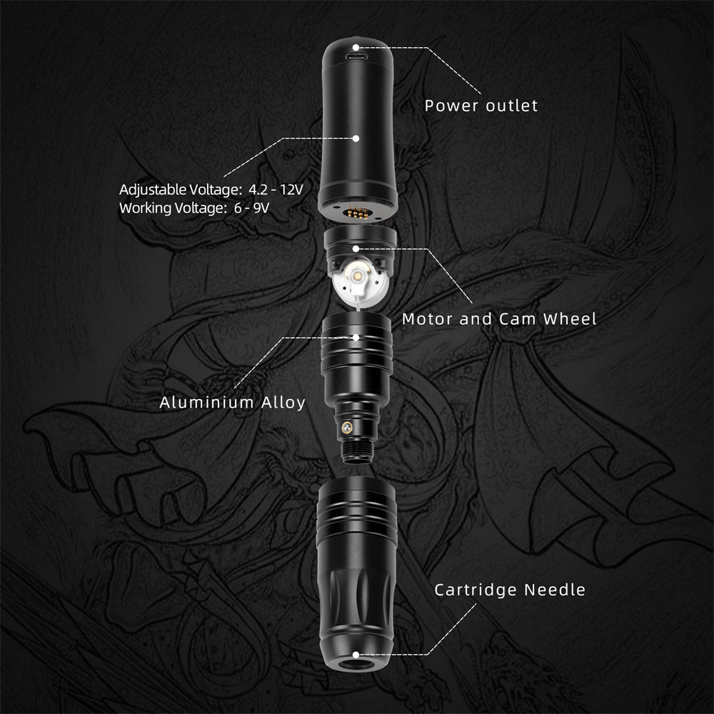 ATOMUS Wireless Tattoo Gun Cartridge Pen Strong Motor 2000mAh Power Supply Digital LED Display Professional for Tattoo Artist Replace the Tattoo Grip and RCA Interface Converter