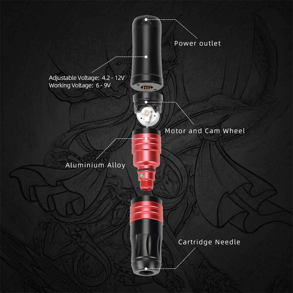 ATOMUS Wireless Tattoo Gun Cartridge Pen Strong Motor 2000mAh Power Supply Digital LED Display Professional for Tattoo Artist Replace the Tattoo Grip and RCA Interface Converter