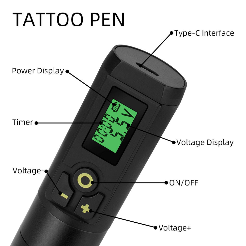 ATOMUS Wireless Tattoo Gun Cartridge Pen Strong Motor 1300mAh Power Supply Digital LED Display with Timer Professional for Tattoo Artist