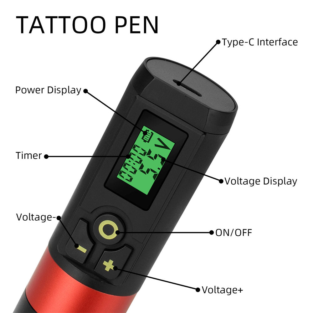 ATOMUS Wireless Tattoo Gun Cartridge Pen Strong Motor 1300mAh Power Supply Digital LED Display with Timer Professional for Tattoo Artist