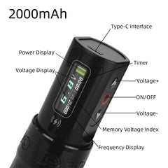 ATOMUS Multifunctional Wireless Tattoo Gun 2 Batteries 2000mAh Power Supply Number LED Display with Timer Professional Strong Magnetic High-Speed Motor for Tattoo Artist